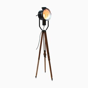 Vintage Wood & Black Enamel Tripod Floor Lamp