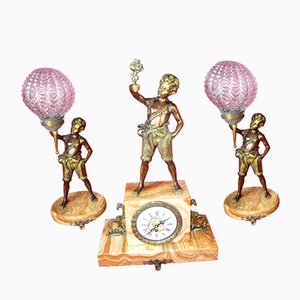 Empire Style Bronze Clock and Lamps, 1920s, Set of 3