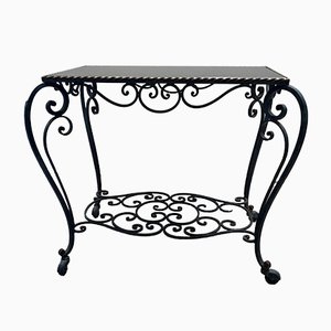 Table sur Roulettes Mid-Century en Fer Forgé et Verre, France, 1940s