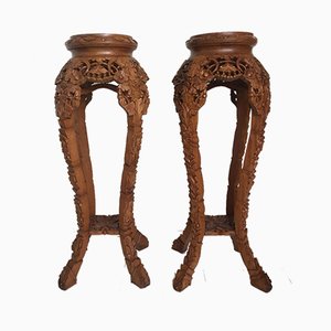 Large Mid-Century Brown Hand Carved Plant Stands, Set of 2