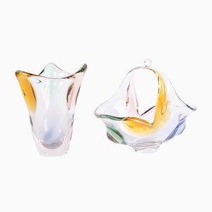 Art Glass Bowl & Vase by Frantisek Zemek for Mstisov, 1950s, Set of 2