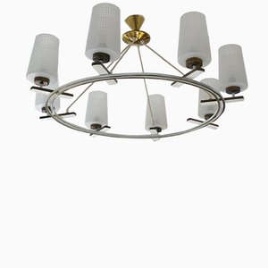 Mid-Century Austrian Opaline Glass & Brass 8-Light Chandelier