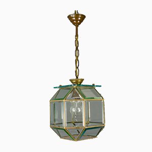 Mid-Century Italian Geometric Beveled Glass & Brass Pendant