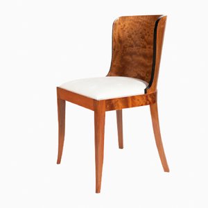 Burl Mahogany & White Fabric Dining Chairs, 1930s, Set of 4