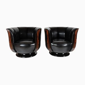 Black Leatherette & Macassar Lounge Chairs, 1930s, Set of 2