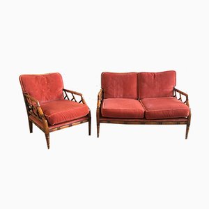 Set of Mid-Century Bamboo & Velvet Seating Set