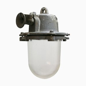 Lámpara de techo industrial de hierro fundido gris y vidrio, años 50
