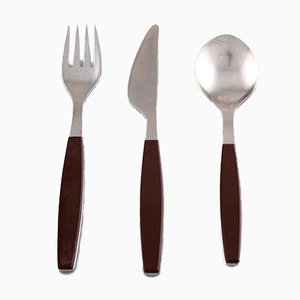 Stainless Steel & Brown Plastic Strata Cutlery by Henning Koppel for Georg Jensen, 1970s, Set of 20