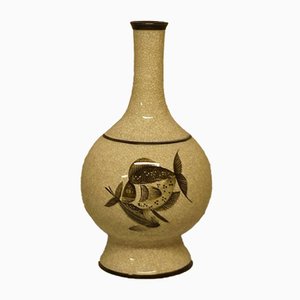 Große krakelierte Vintage Vase mit Fisch-Dekoration von Bing & Grondahl