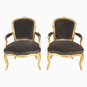 Antike Salon Stühle aus Samt & vergoldetem Holz, 2er Set