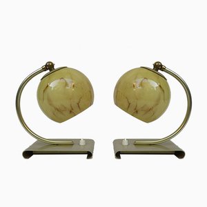 Lampes de Bureau Art Déco en Laiton, Verre et Aluminium Anodisé, Set de 2
