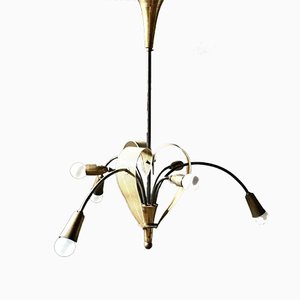 Lámpara de araña francesa Mid-Century de latón, años 50