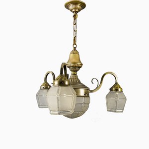 Art Deco French Brass & Frosted Glass 4-Light Chandelier, 1920s