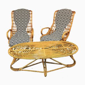 Vintage Italian Rattan Lounge Chairs & Table, 1960s, Set of 3