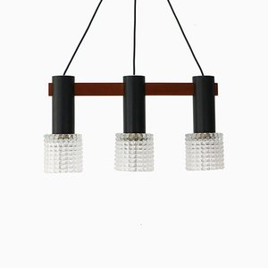 Teak, Steel & Glass Triple Ceiling Lamp, 1960s