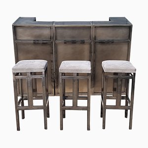 Vintage Brass & Copper Bar with Stools by Maison Jansen, 1970s