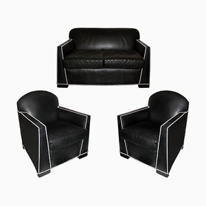 Art Deco Leather Living Room Set by Pierre Chareau, 1930s, Set of 3