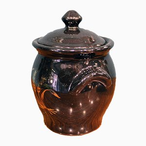 Dekorative französische Vase aus Terrakotta in Schwarz & Gold, 1950er
