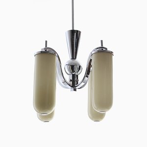 Art Deco Chrome Plating and Colored Glass 4-Light Chandelier, 1930s