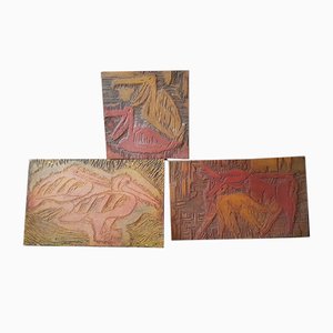 Carved Wooden Plaques, 1970s, Set of 3