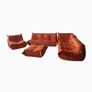 Amber Orange Velvet Togo Living Room by Michel Ducaroy for Ligne Roset, Set of 5