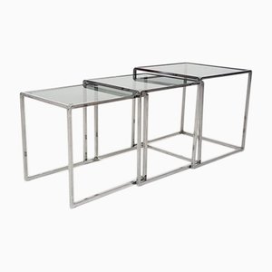Vintage Danish Chrome and Smoked Glass Nesting Tables, 1970s, Set of 3