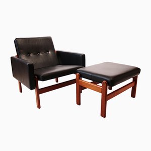Danish Leather & Teak Lounge Chair & Footstool by Jørgen Bækmark for FDB, 1960s, Set of 2