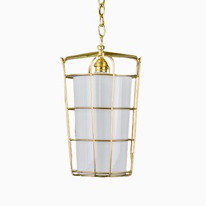 Brass and Frosted Glass Pendant Lamp by J.T. Kalmar, 1950s