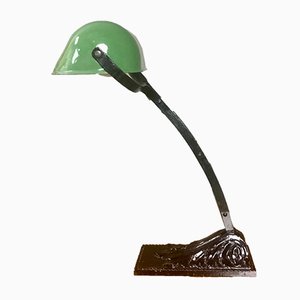 Art Deco French Cast Iron and Green Enamel Table Lamp from Niam, 1920s