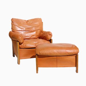 Juego de sillón Artona de cuero y madera con otomana de Tobia & Afra Scarpa para Maxalto, años 70