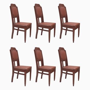 German Solid Oak & Leather Chairs, 1910s, Set of 6