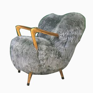 Mid-Century Grey Sheepskin Easy Chair, 1960s