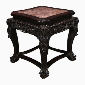 Antique Chinese Carved Elm & Marble Side Table, 1890s