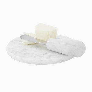 Butter Knife and Plate in White Carrara Marble from Fiammettav Home Collection, Set of 2
