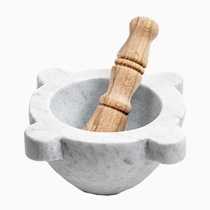 White Marble Mortar with Pestle in Wood from FiammettaV Home Collection