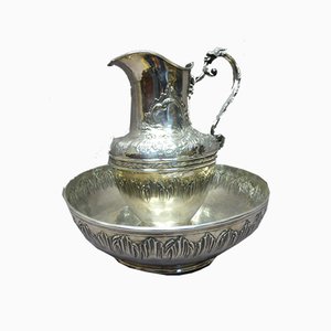 19th-Century Silver-Plated Ewer and Basin, Set of 2
