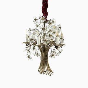 Lampadario vintage floreale in bronzo e cristallo