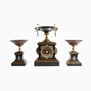 Antique French Bronze, Enamel, and Marble Mantle Clock & 2 Cassolettes by Eugene Cornu, Set of 3