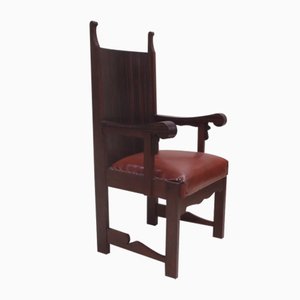 Large Antique German Oak, Cow Leather, & Varnish Lounge Chair, 1910s