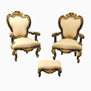 Antique Italian Wooden Lounge Chairs, Set of 2