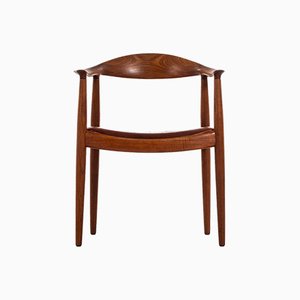 Poltrona JH-501 in pelle e teak di Hans Wegner per Johannes Hansen, Danimarca, anni '40