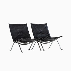 Moderne dänische PK-22 Beistellstühle aus Leder & Stahl von Poul Kjærholm, 1950er