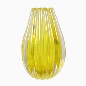 Gelbe Geriffelte Murano Glas Vase