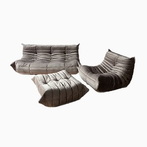 Juego de salón francés de terciopelo de Michel Ducaroy para Ligne Roset, años 70. Juego de 3