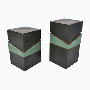 Vintage Sculptural Square Boxes Glazed in Green and Black, 1980s, Set of 2