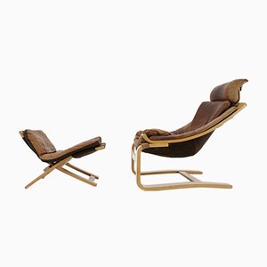 Set of Swedish Kroken Leather Lounge Chair and Stool Set by Åke Fribytter for Nelo, 1970s