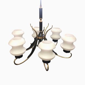 Mid-Century Italian Brass, Ebonized Wood & White Glass Chandelier from Stilnovo, 1950s