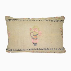 Turkish Handwoven Kilim Pillow Cover with Floral Pattern