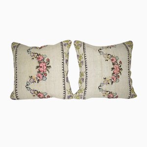 Kilim Pillow Covers with Floral Patterns, Set of 2