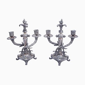 Antique Louis XVI Silver-Plated Metal Candleholders, Set of 2